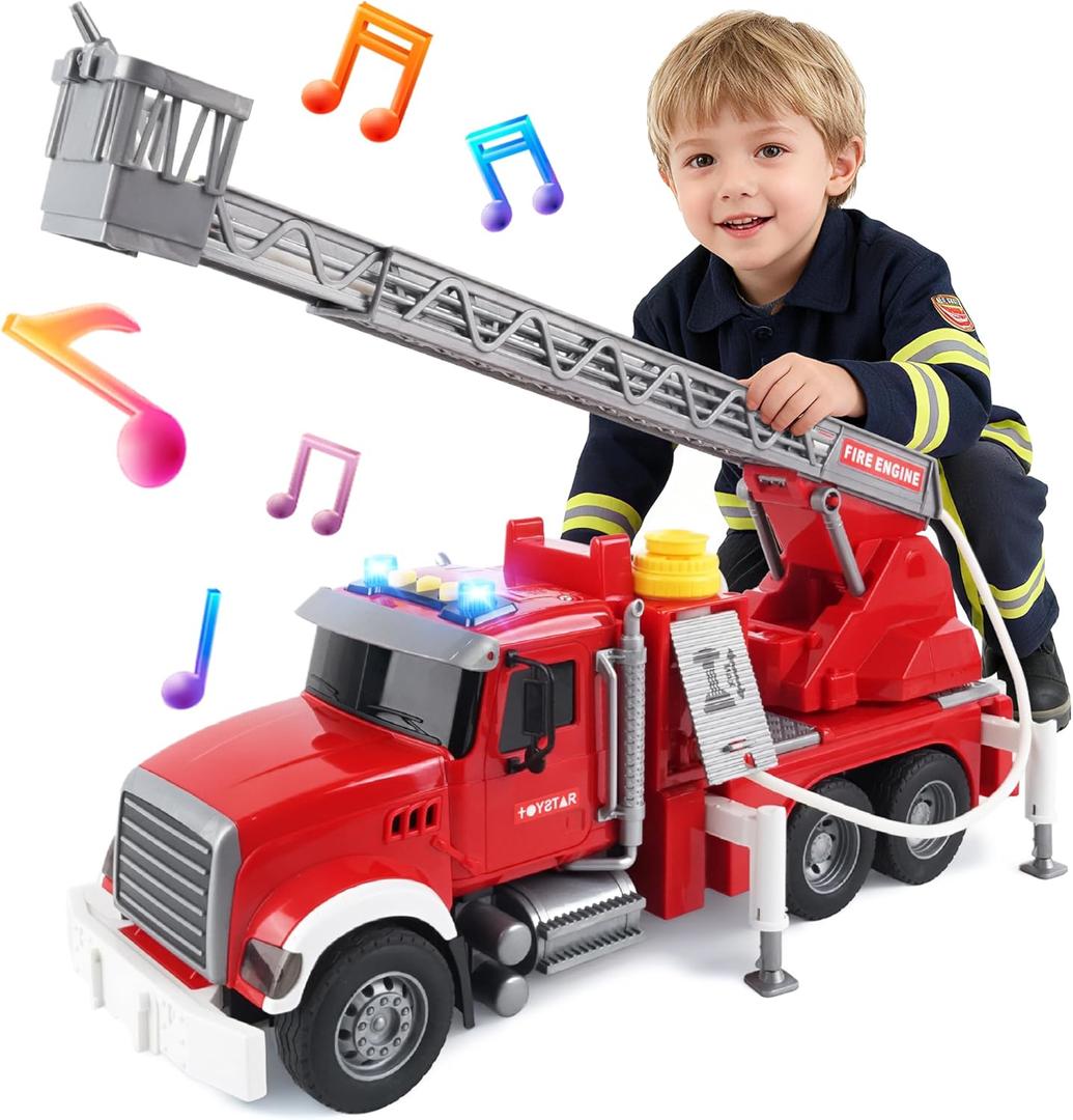 SMILESSKIDDO Fire Truck Toy - 1:12 Large Friction Powered Fire Rescue Truck with Water Pump, Extendable Ladder, Lights & Siren Sounds, Christmas Birthday Gift, Kids Toys for Age 3, 4, 5, 6, 7