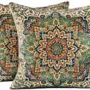 QoBexim Boho Soft Velvet Throw Pillow Covers 20x20 in Vintage Kilim Carpet Tribal Pattern Pillowcases, Antique Ethnic Decor, Geometric Pattern Cushion Cover for Sofa Living Room Green, 2 Pack