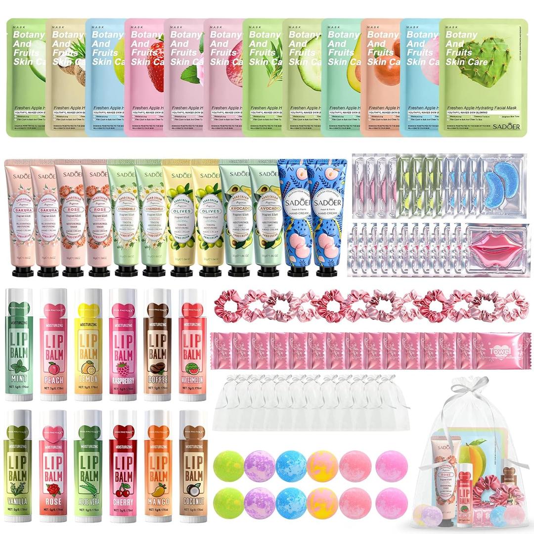 108 PCS Spa Party Supplies for Girls, Include Facial Masks, Lip Balms, Eye Patches, Hand Creams...Spa Kit for Sleepover & Slumber Party, Birthday Mothers Day Gift for Women, Spa Party Favors
