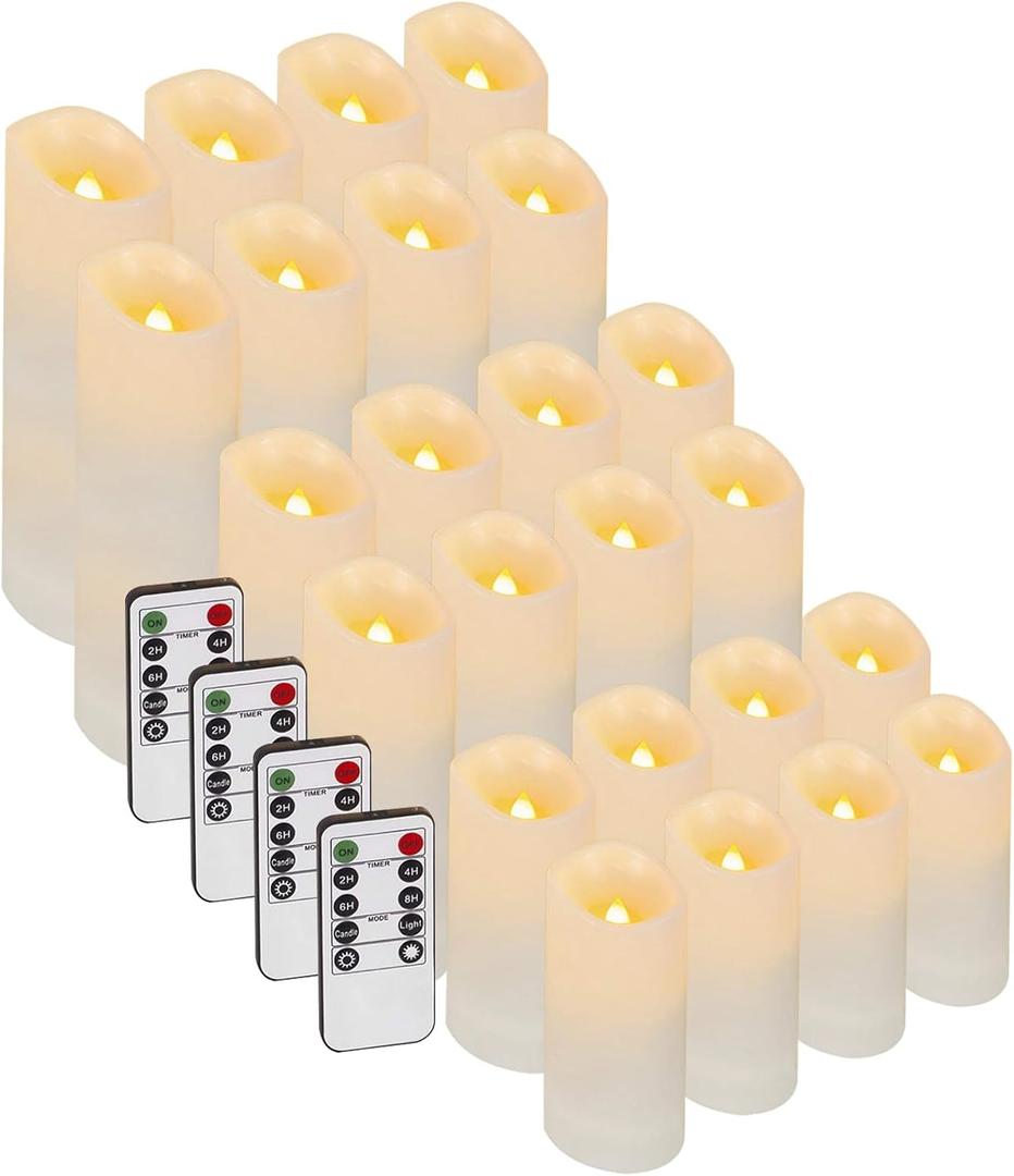 Enido 24 Pc Flameless LED Candles with Remote & Timer, Outdoor Waterproof, Flickering Electric Warm Lights for Cozy Home & Holiday Romantic Decor, Battery Operated (D 2.2 x H 4/5/6 (Ivory)