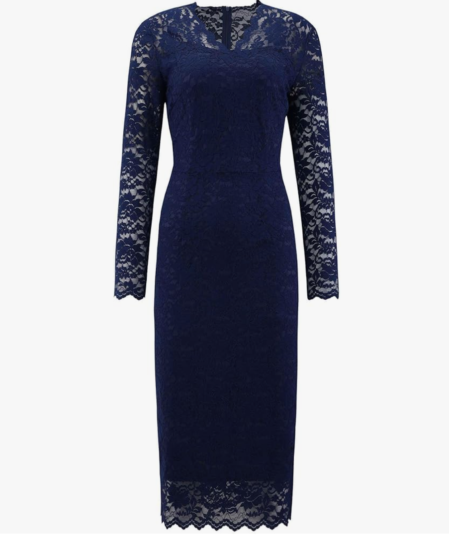 Women's Floral Lace Dress V Neck Long Sleeve Cocktail Wedding Bodycon Pencil Dresses M