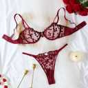 Lilosy Sexy Underwire Cute Push Up Strappy Embroidered Mesh Sheer Lingerie Set See Through Panty Bra (Red, S)