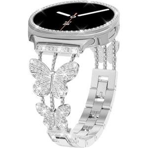 Bling Band with Case Compatible for Samsung Galaxy Watch 8 40mm 44mm, Women Diamond Butterfly Metal Bracelet Rhinestone Strap with Protector Case