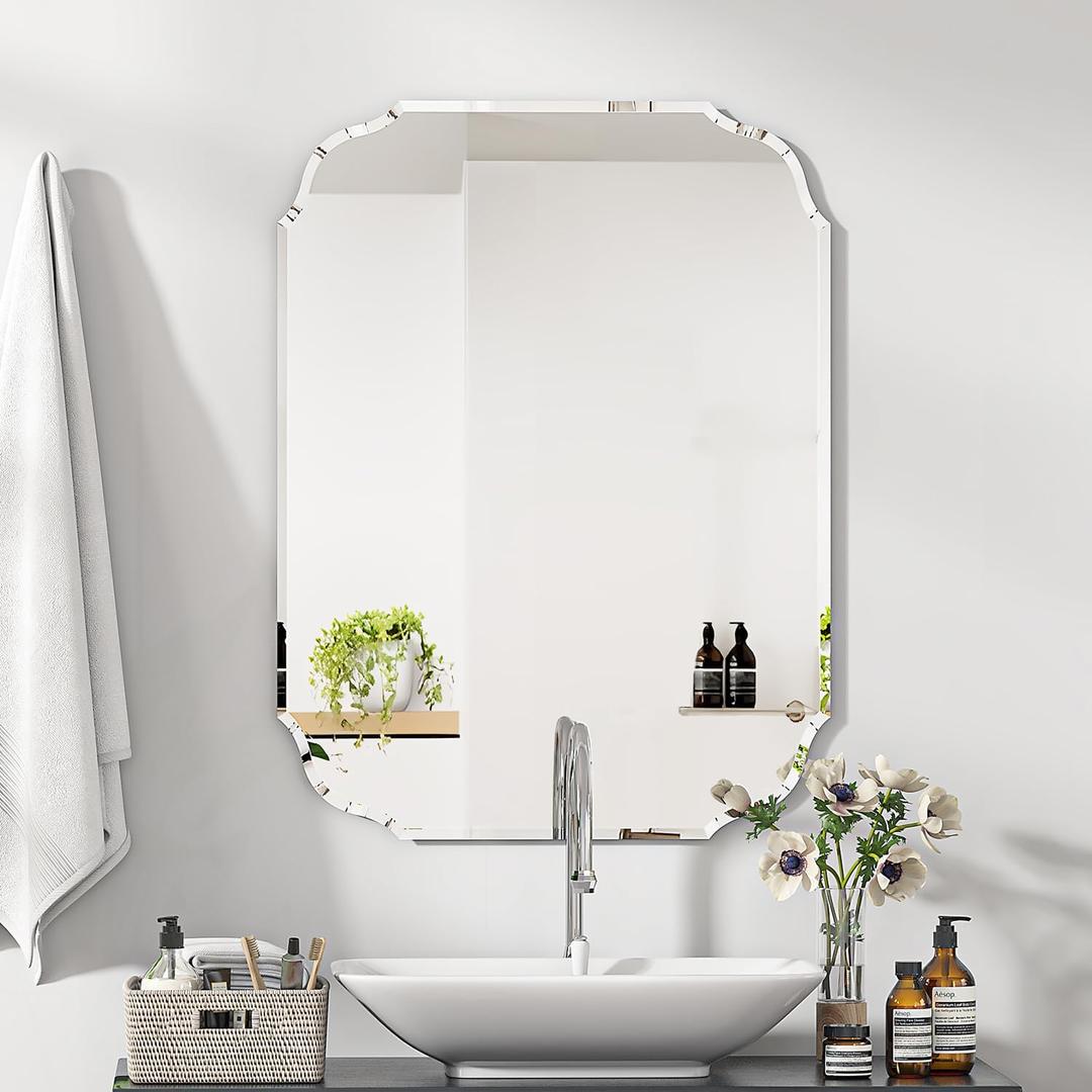 Silver Wall Mirror-Beveled Edge Frameless Mirror for Bathroom, Vanity, Bedroom, Rectangle Mirrors 20X28inch