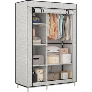 Calmootey Portable Closet Organizers, Clothing Storage, Wardrobe with 6 Shelves and Hanging Rod, Non-Woven Fabric Cover with 4 Side Pockets, Ash Grey