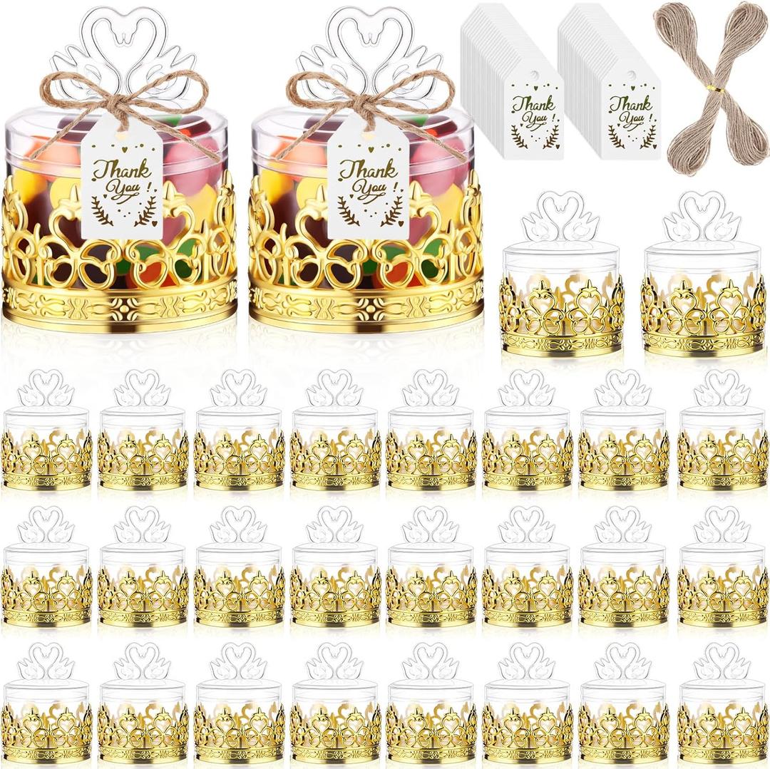 30 Sets Mini Crown Candy Boxes with Thank You Tags and Twine Plastic Candy Storage Boxes for Wedding Baby Shower Princess Birthday Party Supplies(Gold and Clear,Swan Style)