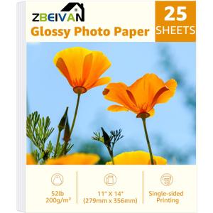 ZBEIVAN 11x14 Photo Paper, Glossy Photo Papers 25 Sheets, 11 x 14 Inkjet Printer Photo Paper for Dye Ink, 200 GSM