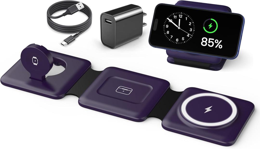 Charging Station for Mag Safe Apple - 3 in 1 Magnetic Foldable Wireless Charger Pad - Travel Charging Mat for iPhone 16 15 14 13 12 Pro Max Plus Watch & Airpods (Deep-purple)