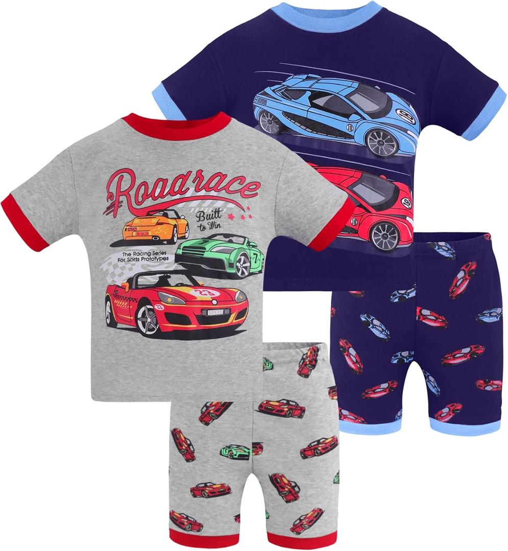 DAUGHTER QUEEN Race Cars Pajamas for Little Boys Summer Pjs 4T Toddler Kids 4 Piece 100% Cotton Short Sleeve Pj Sets Sleepwear Jammies Cars Clothes Size 4 Years Old XS