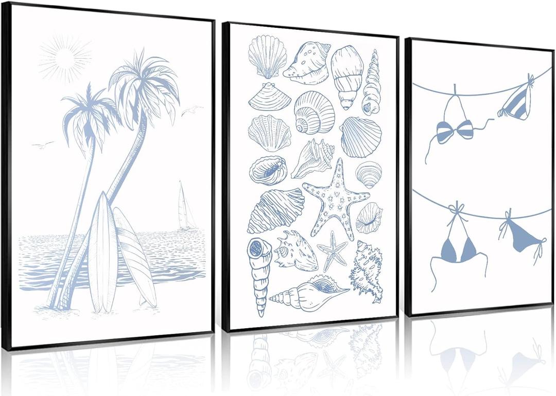 Trendy Coastal Wall Art Set of 3 Blue Seashell Bikini Coquette Posters Prints Coastal Granddaughter Beach House Preppy Aesthetic Wall Decor Pictures for Girly Bedroom Dorm Apartment Unframed 12x16in