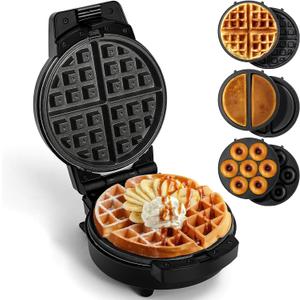 Mini Waffles Maker with 6 Removable Plates, 3 in 1 Small Waffle Maker Mini- Waffle, Pancake, Donut, 6" Non Stick Waffle Iron for Kids and Families, Black