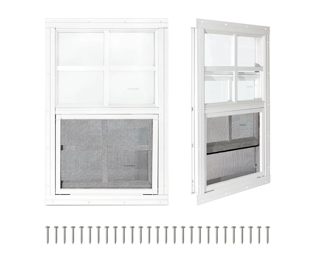 COLORPAPA 2 Pack Shed Windows,12" x 18" Small Sliding Windows,Flush Mount Windows with Tempered Glass and Fiberglass Screen for Shed, Chicken Coop, Playhouse, Household, Garage, Barns (White)