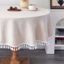 Linen Round Tablecloth 52 Inch Beige Washable Wrinkle Resistant Table Cloths with Tassels Farmhouse Decorative Burlap Fabric Table Cover for Wedding Camping Party Holiday