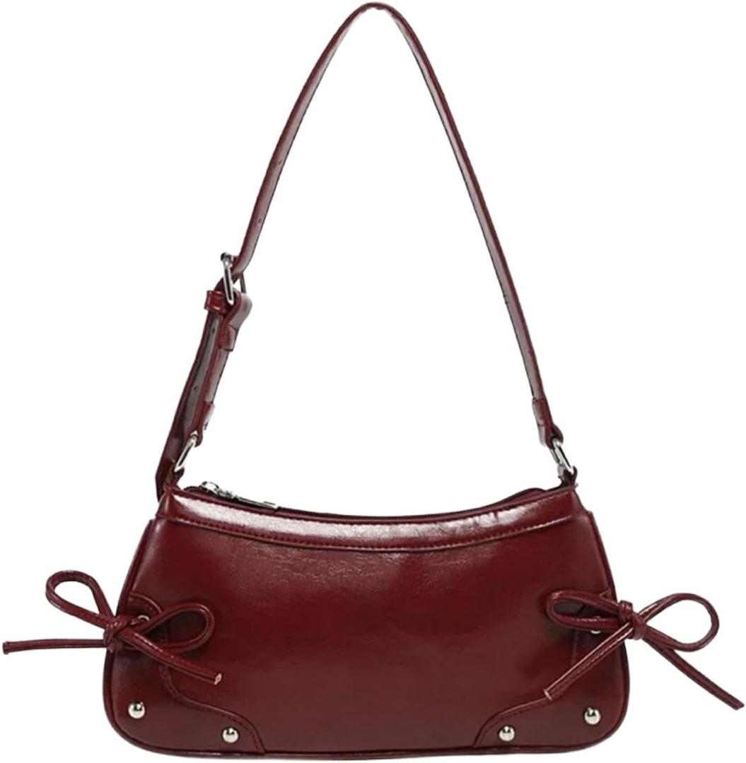 QWINEE Women's Leopard Print Purse Y2k Cheetah Shoulder Bag Bow Studded Clutch Zipper Adjustable Strap Underarm Bag (Burgundy)