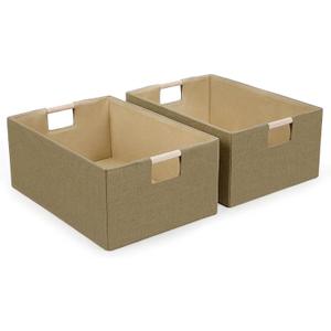 Foldable Fabric Storage Baskets Set of 2 for Shelves, Linen Decorative Storage Bins with Wooden Handles, Small Organizer Cubes for Closet, Rectangle Canvas Boxes for Organizing, Decor (Brown 2 Pack)