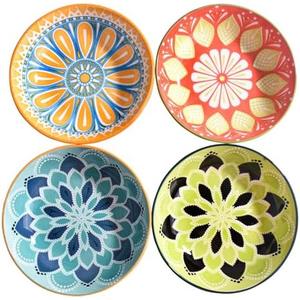 LMRLCS Ceramic Dipping Bowls Set of 4-5.6 Inch Colorful Mandala Small Serving Plates for Appetizers, Snacks & Sushi - Shallow Decorative Bowls for Tapas, Sauce & Dessert, Microwave & Dishwasher Safe