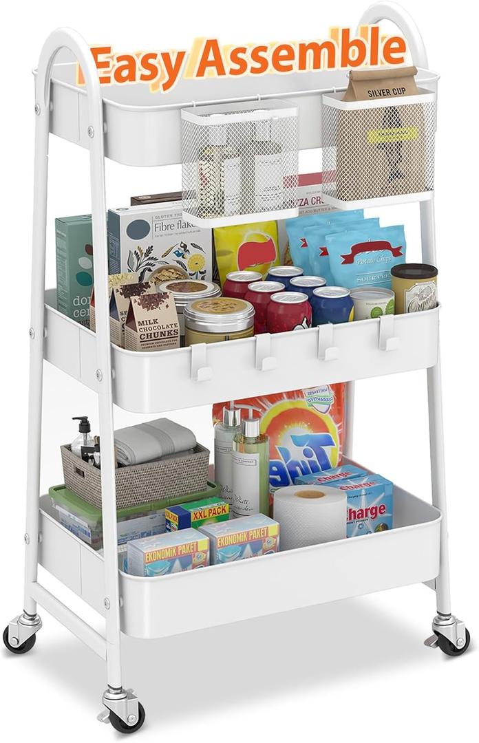 Sekey 3 Tier Rolling Cart, Hanging Cups, Hooks, Heavy Duty Mesh Rolling Storage Cart Organizer with 2 Lockable Wheels for Bathroom, Kitchen, Office, Craft, Makeup, Baby Essentials, White