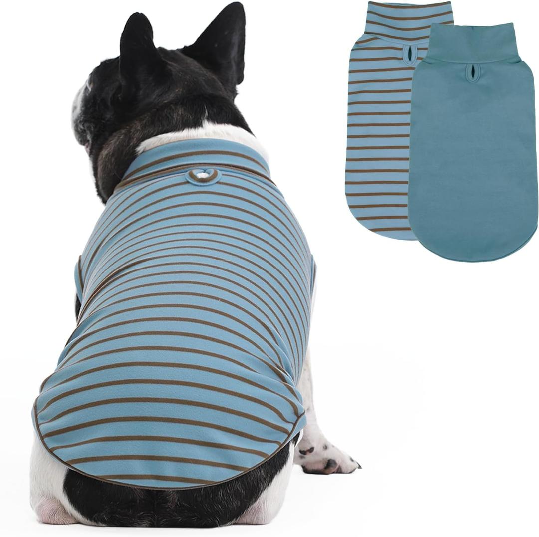 2 Pack Dog Shirts for Medium Dogs, Turtleneck Sleeveless Fleece Vest, Stripe Sweater with Leash Hole, Stretchy Dogs Clothes, Lightweight Soft Pet Sweatshirt, Blue, M