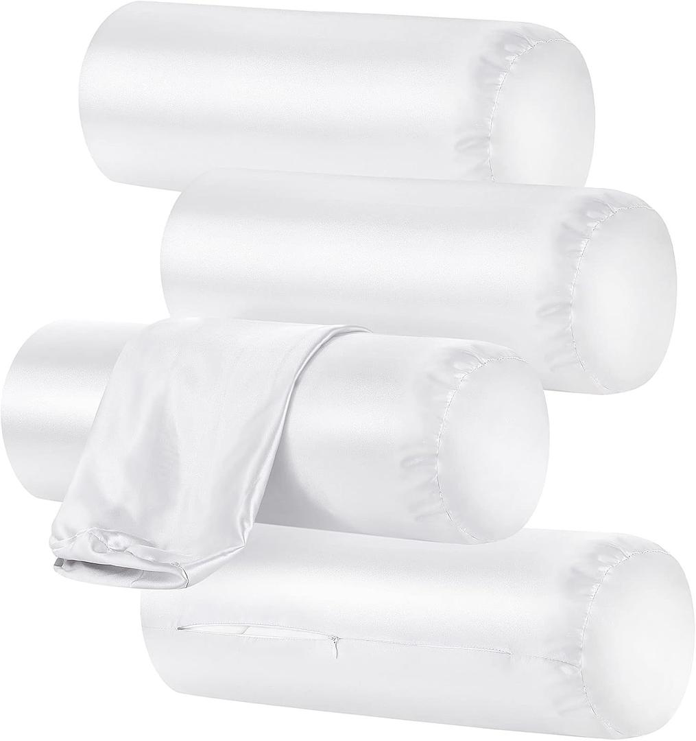 Remerry 4 Pack 16 x 6 Inches White Neck Roll Pillow Case Cover Only Round Bolster Cervical Roll Satin Cylinder Pillow Case Cover with Zipper