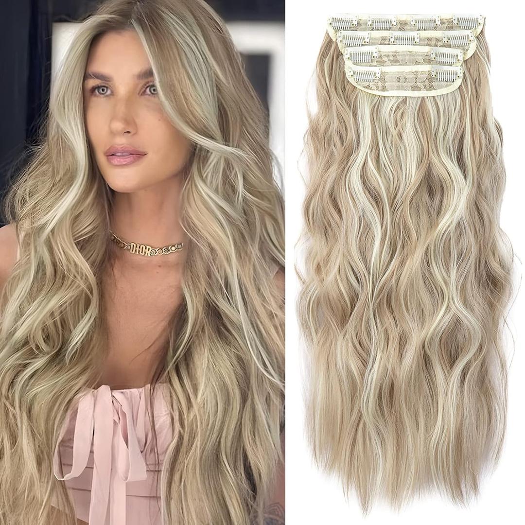 Clip in Natural Hair Extensions Long Wavy 4PCS Thick Hairpieces Dark Ash Blonde Mixed Bleach Blonde Double Weft Synthetic 20 Inch for Women (4pcs, 20Inch, 16H613#)