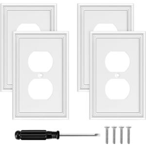 White Outlet Covers Wall Plate Modern Decorative Light Switch Cover Switch Plates Outlet Cover Bamboo Fiber Material Wall Plates for Kitchen Bathroom (1 Gang Duplex Outlet-4 Pack)