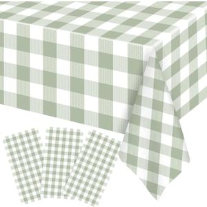Ganeen 3 Pcs Green and White Checkered Tablecloths Disposable Plastic Gingham Table Cloths Waterproof Rectangle Plaid Table Cover for Christmas Wedding Picnic Birthday Party Decor, 54 x 108 Inch