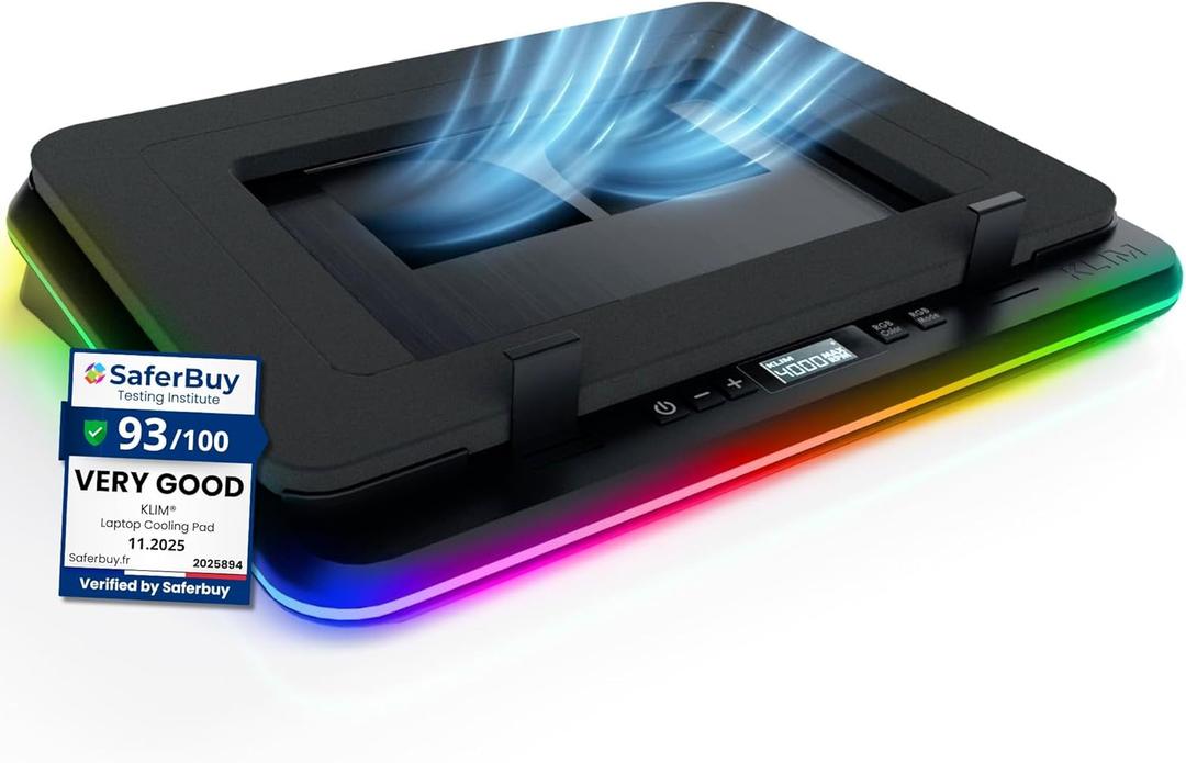 KLIM Turbofrost Gaming Laptop Cooling Pad - 4 Powerful Turbo Fans - 4 x 4000 RPM, Dynamic RGB, 4-Ports USB, Laptop Cooler 2 Power Modes USB-C/DC, Sealed Foam for Fast Cooling - Up to 17in - Black