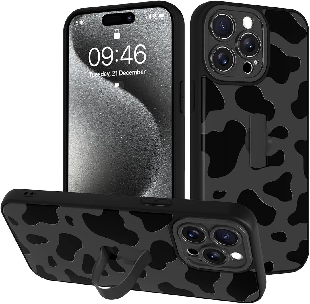 for iPhone 15 Pro Case with Finger Strap Holder, Cute Cool Cow Print Pattern Design for Women Men, Shockproof Anti Scratch Hand Kickstand Protective Cover, Gray