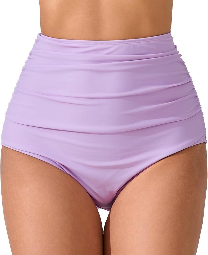 JOYBIK Women’s High Waisted Full Ruched Bikini Swim Bottoms Tummy Control Full Coverage Swimsuit Bottoms, Pink Purple 2XL
