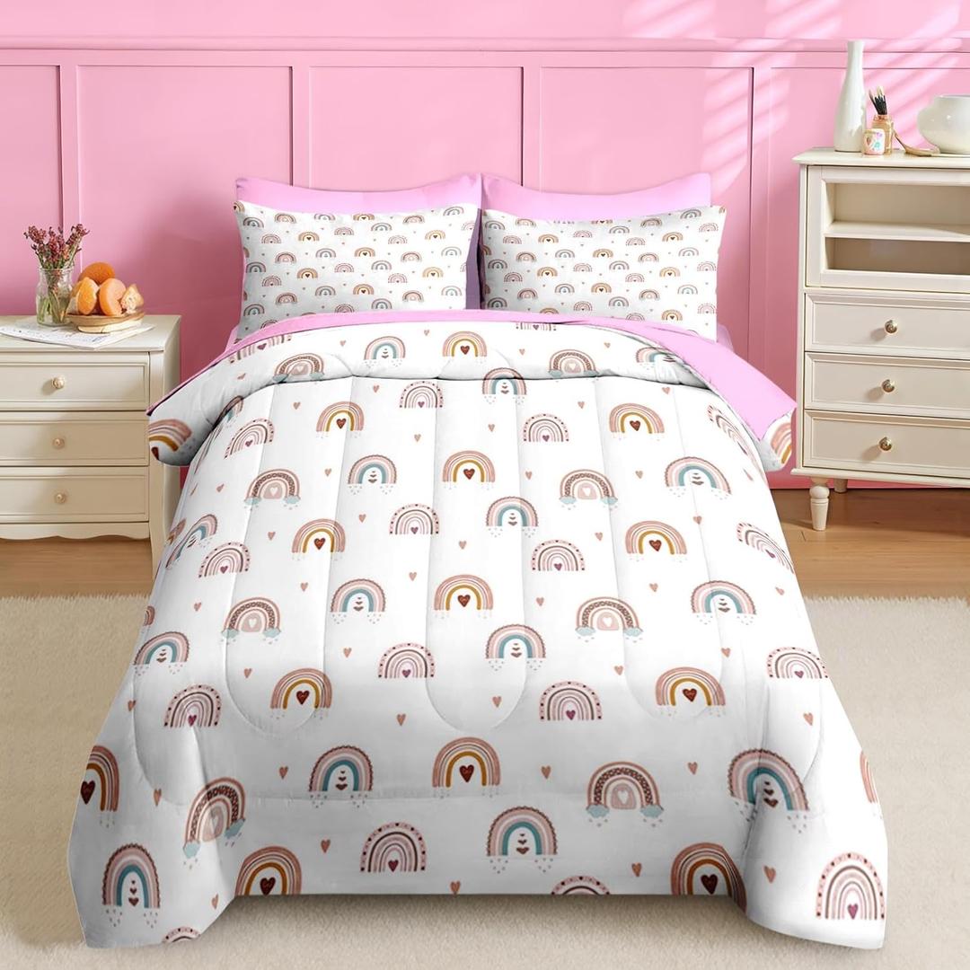 Nesker 7 Pcs Comforter Set Full Size, Trendy Rainbows Bedding for Kids Teen, Pink Boho with Fitted Sheet 2 Pillowcases & 2 Shams for Bedroom Bed Decor
