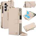 for Samsung Galaxy S24 Plus Case Wallet with RFID Blocking Card Holder and Shoulder Strap Wrist Strap, Multi-Function Stylish Ring Zipper Purse Case for Galaxy S24 Plus 6.7'', White