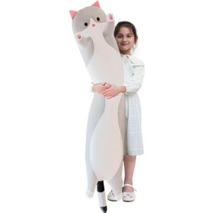 Giant Cat Pillow Plush Cartoon Kitty Sleeping Hugging Pillow, Cuddly Soft Long Kitten Body Pillow Doll Cat Cushion Toy for Kids Girlfriend (Gray, 150cm/59inch)