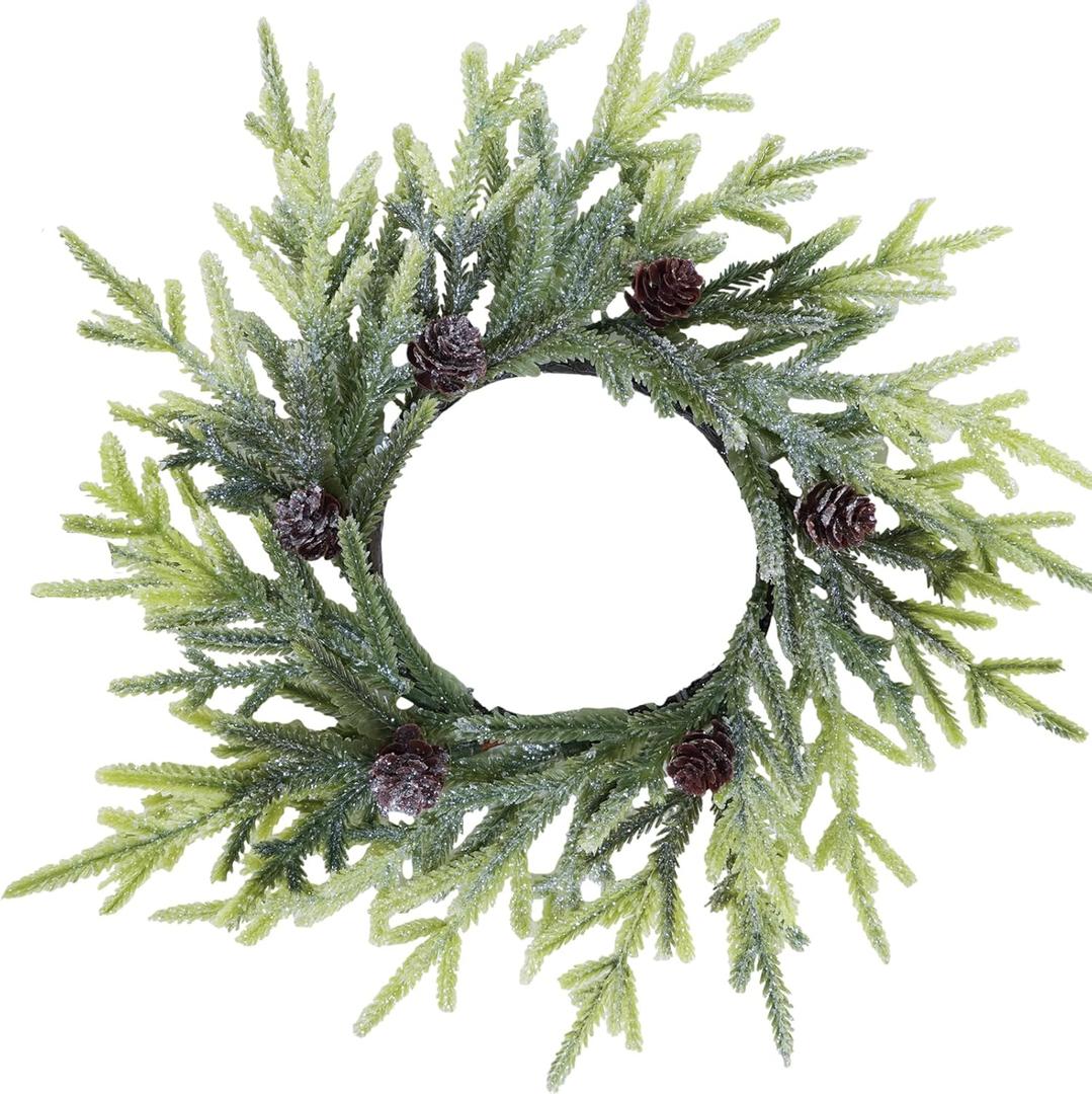 Winlyn 4 Pcs Artificial Frosted Twig Candle Rings Christmas Candle Holder Rings Wreaths Faux Twigs Wreath Glitter Mini Pinecones 10" Wide for Holiday Winter Seasonal Dcor