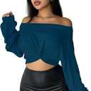 SISKIN Women's Off The Shoulder Tops, Long Sleeve, Modern, Loose Fit, All Seasons, Solid, Crop Top (Large, Blue)