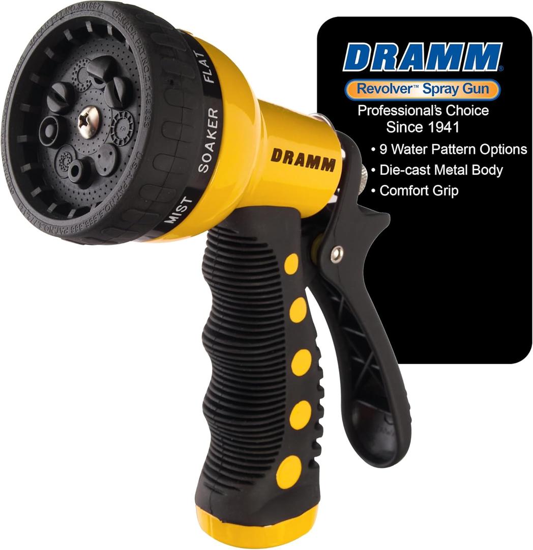 Dramm Revolver Heavy Duty Metal Garden Hose Nozzle  9 Spray Patterns, High Pressure Jet, Thumb-Control Flow, Ergonomic Grip  Yellow (No Size (Single))