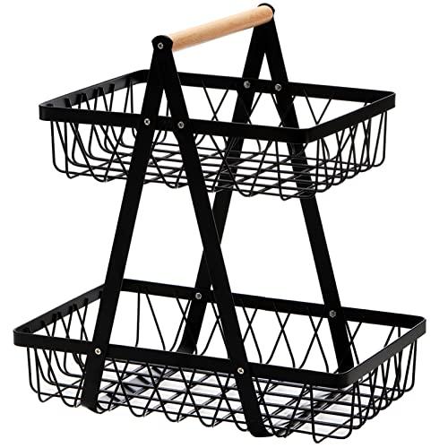 Dicunoy Metal Storage Basket with Handles, 2 Tier Wire Snack Organizer Bin for Office Cournertop, Rustic Black Basket for Home, Kitchen, Pantry, Fruit, Coffee, Pasta, Bathroom, Living Room