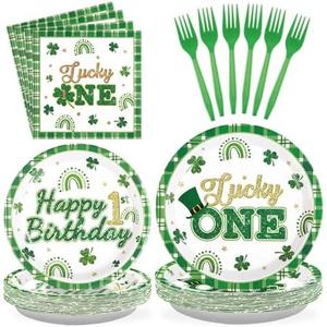 96Pcs St. Patrick's Day Lucky One Party Supplies St. Patrick's Day Plates Disposable St. Patrick Day 1st Birthday Tableware for Irish Lucky One Birthday Decorations, Serves 24