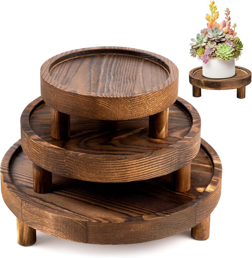 3 Pcs Wooden Display Risers Round Wood Pedestal Stand Mini Plant Tray Stand, 10-6 Inch Rustic-style decorative shelf for Displaying Plants and Candles (Brown)