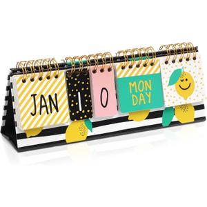 Lemon Perpetual Flip Calendar for Office Desktop, Classroom Supplies, Desk Calendar with Day, Date, and Month Display for Planning, Home, Kitchen Decor (8 x 3.5 Inches)