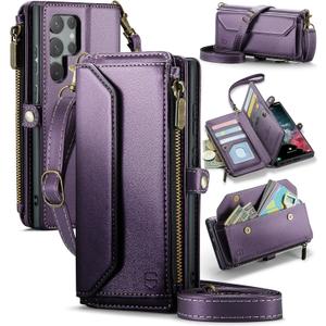 Strapurs Crossbody Wallet Case Compatible with Samsung Galaxy S22 Ultra 5G RFID Blocking 10-Card Holder Soft PU Leather Magnetic Snap Strap Zipper Pocket Phone Case Fit for Galaxy S22 Ultra - Purple