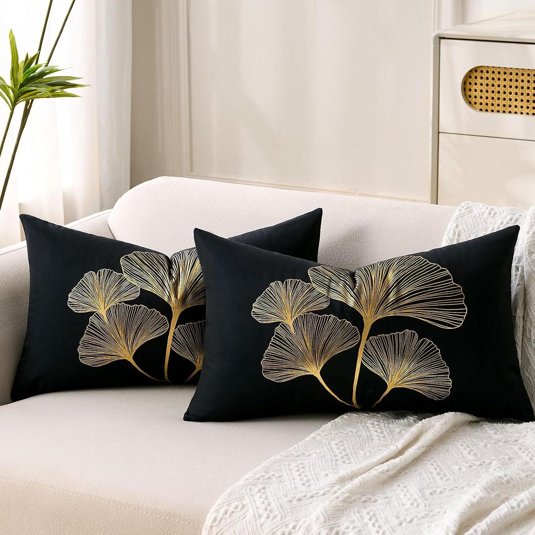 Ginkgo Leaf Decorative Lumbar Throw Pillow Covers Gold Black Small Couch Cushion Covers 12x20 Pattern Modern Square Pillowcase Set of 2 for Bench Sofa Bed Bedroom Living Room Home Decor