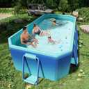 Large Foldable Non-Inflatable Swimming Pool for Kids, Adults & Pets, Outdoor Splash Pool with Drain, Easy to Assemble Above Ground Pool for Backyard & Garden (210x140x55cm)