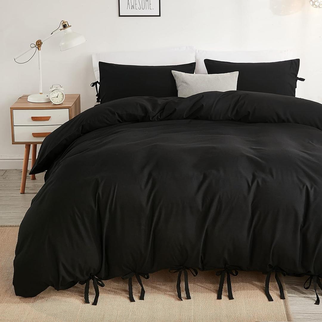 annadaif Black Duvet Cover Queen (90x90 Inch), 3 Pieces (1 Duvet Cover, 2 Pillowcases) Soft Washed Microfiber Bowknot Bow Tie Duvet Cover Set, Easy Care Bedding Set for Men, Women
