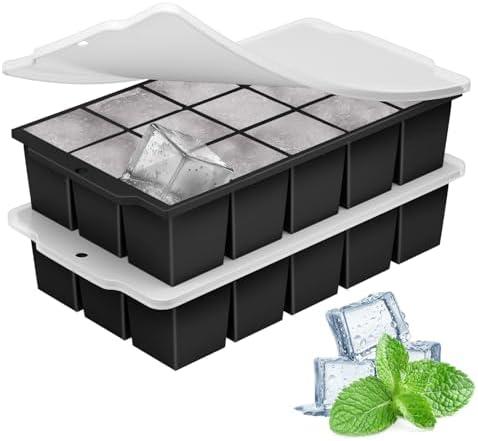 MEIJO Silicone Ice Cube Tray with Locks Lids, Easy Release Flexible 15 Square Ice Trays for Freezer, Stackable & Reusable Ice Cube Mold for Whiskey, Cocktails, Baby Food, BPA Free, 4 Pack (Black)