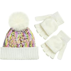PEAK 2 PEAK Boys and Girls Winter Hat and Gloves Set  Knit Pom-Pom Beanie with Sparkle  Ages 4-12 (Sequin)