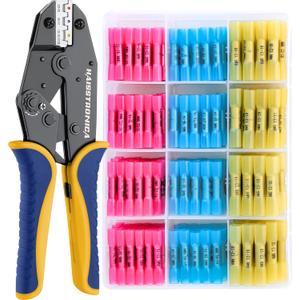 haisstronica Crimping Tool for Heat Shrink Connectors HS-8327 with 200PCS Marine Grade Heat Shrink Butt Connectors of Tinned Red Copper AWG 22-10