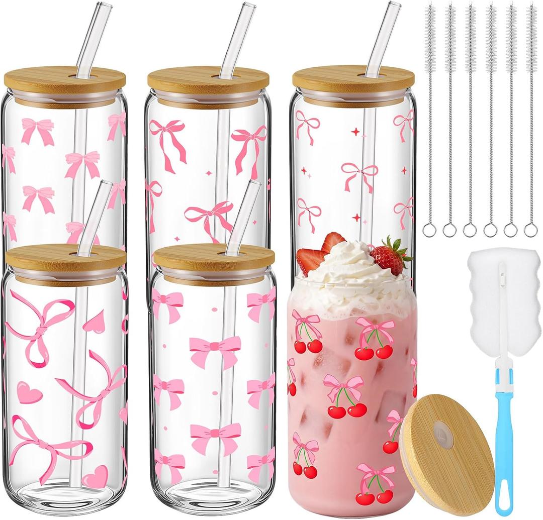 6 Pcs Pink Coquette Bow Glass Cups with Lids and Straws 16oz Cute Cherry Tumbler Bulk Reusable Can Shaped Drinking Glasses for Spring Mothers Day Gifts Party Supplies