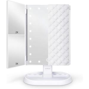 deweisn Trifold Lighted Vanity Makeup Mirror with 21 LEDs Lights,1x/2x/3x Magnification and Touch Screen Dimming,Two Power Supplies Makeup Mirror, Gift for Women