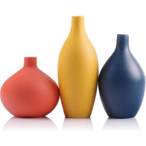 Ceramic Vase Set of 3, Minimalist Yellow, Orange, Blue Vases - Modern Farmhouse, Living Room, Shelf and Entryway Decor