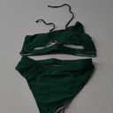 Lilosy Petite Cutout One Shoulder High Waisted Cut Leg Thong Brazilian Bikini Swimsuit Set Women Cheeky Bottom Bathing Suit 2 Two Piece Knotted Dark Green, X-Small